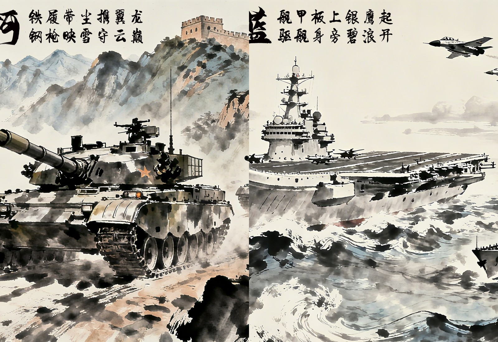 《丹青卫国图》陆军与海军主题作品无缝拼接封面