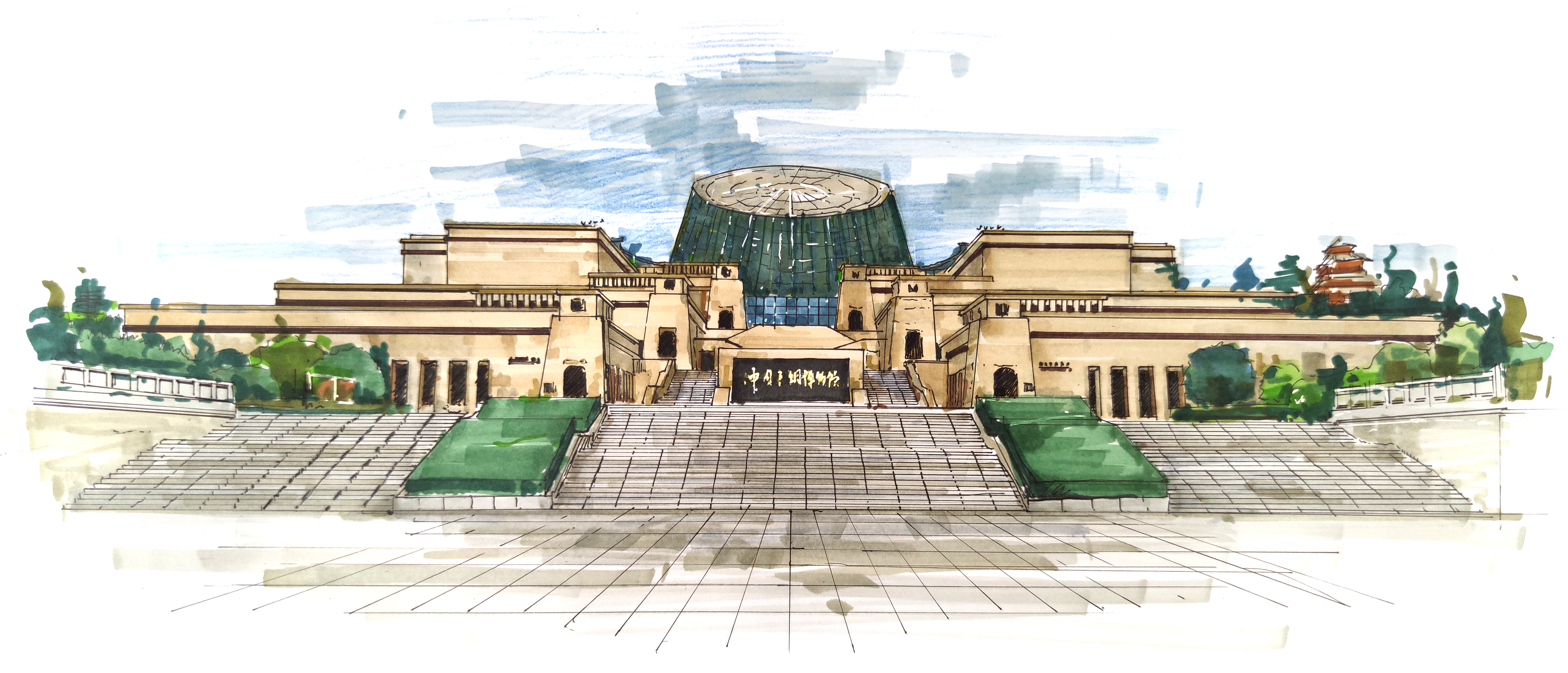 宝鸡青铜器博物馆建筑手绘表现