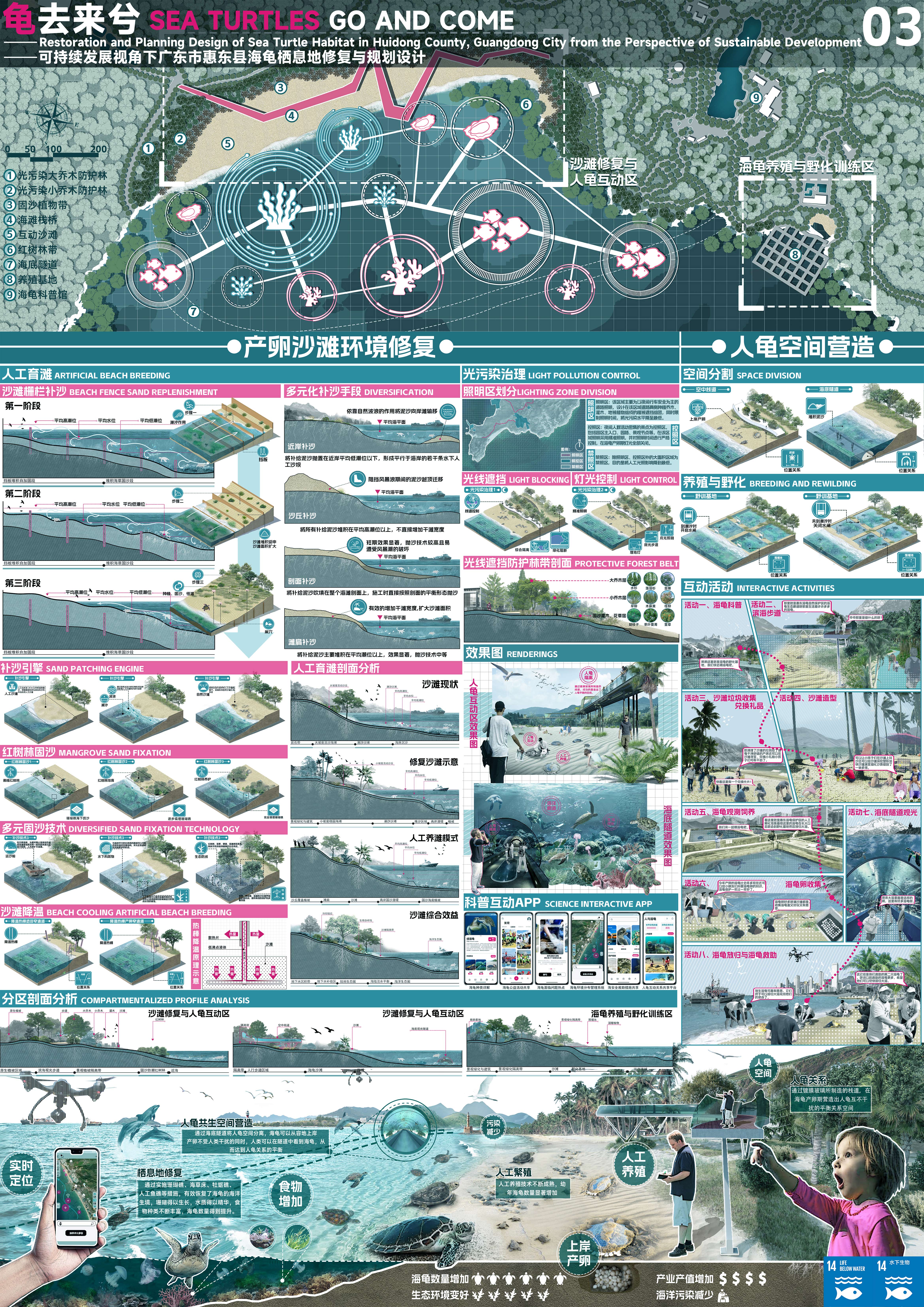 《归来？龟来！》第二套视觉编排第3张完整展板，展示产卵沙滩、人龟互动与效果表达