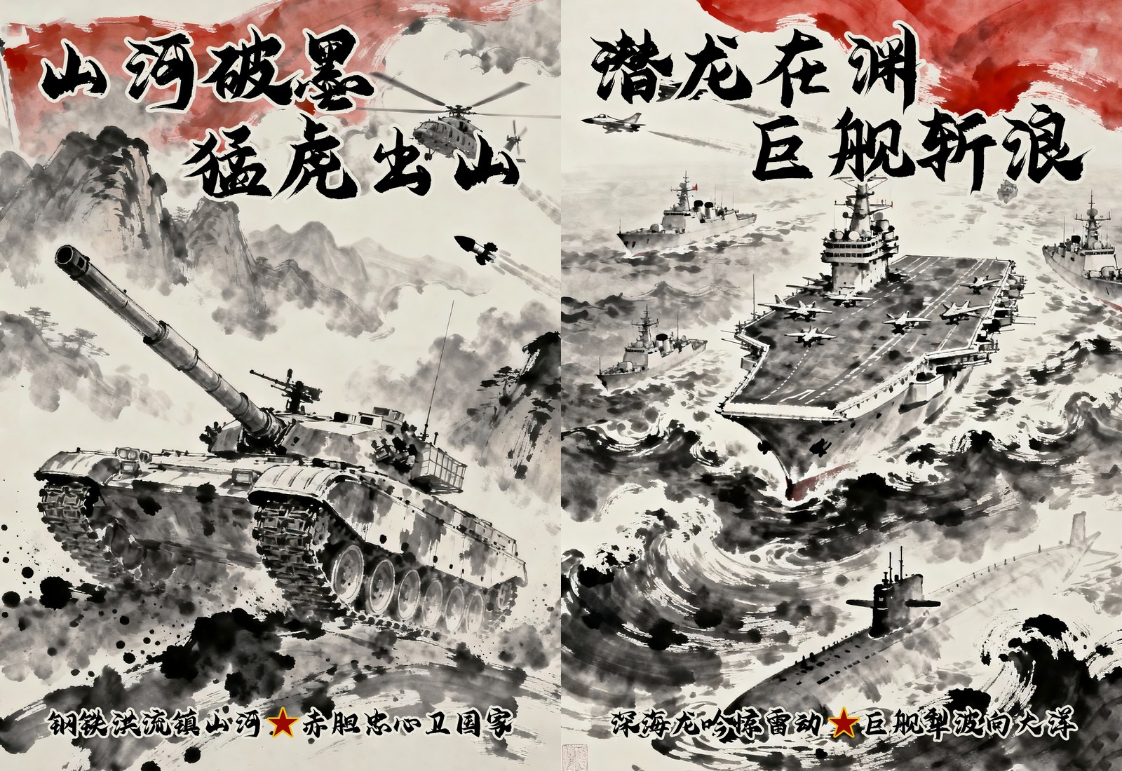 《墨韵铸军魂——陆海空三军赋》陆军与海军主题作品无缝拼接封面