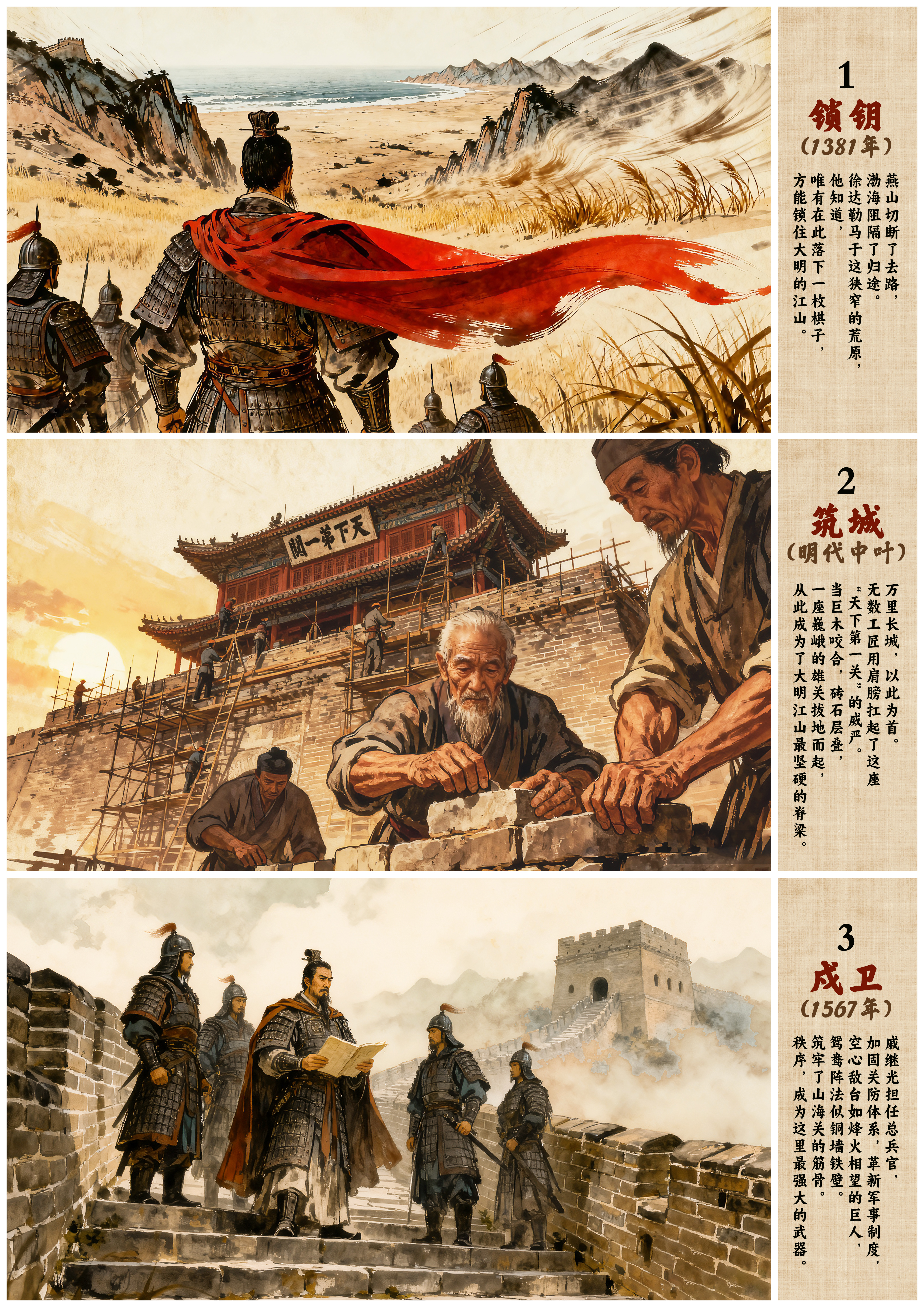 《山海长歌：图说雄关六百年》第1至3页完整展示，描绘锁钥、筑城和戍卫