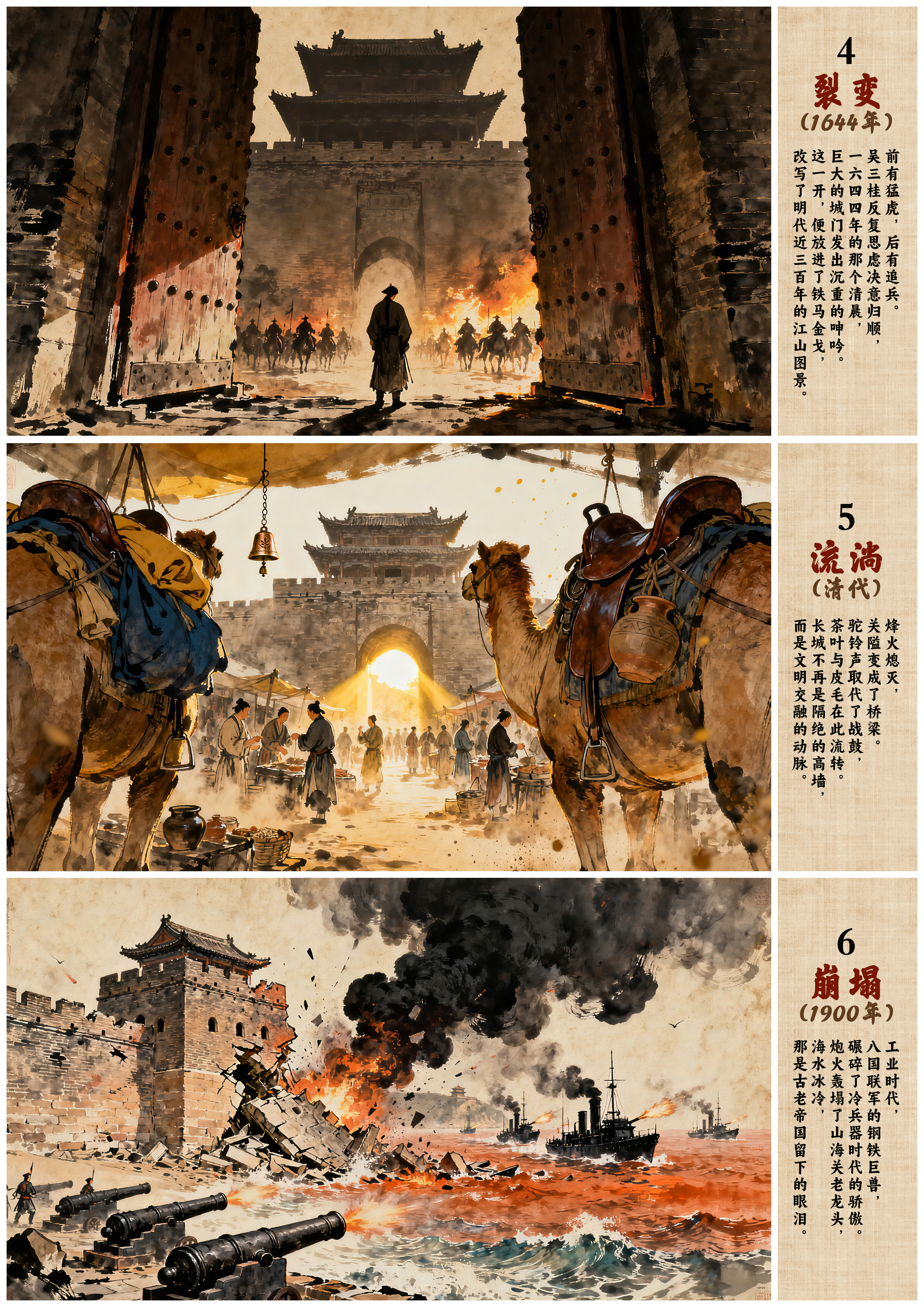 《山海长歌：图说雄关六百年》第4至6页完整展示，描绘裂变、流淌和崩塌