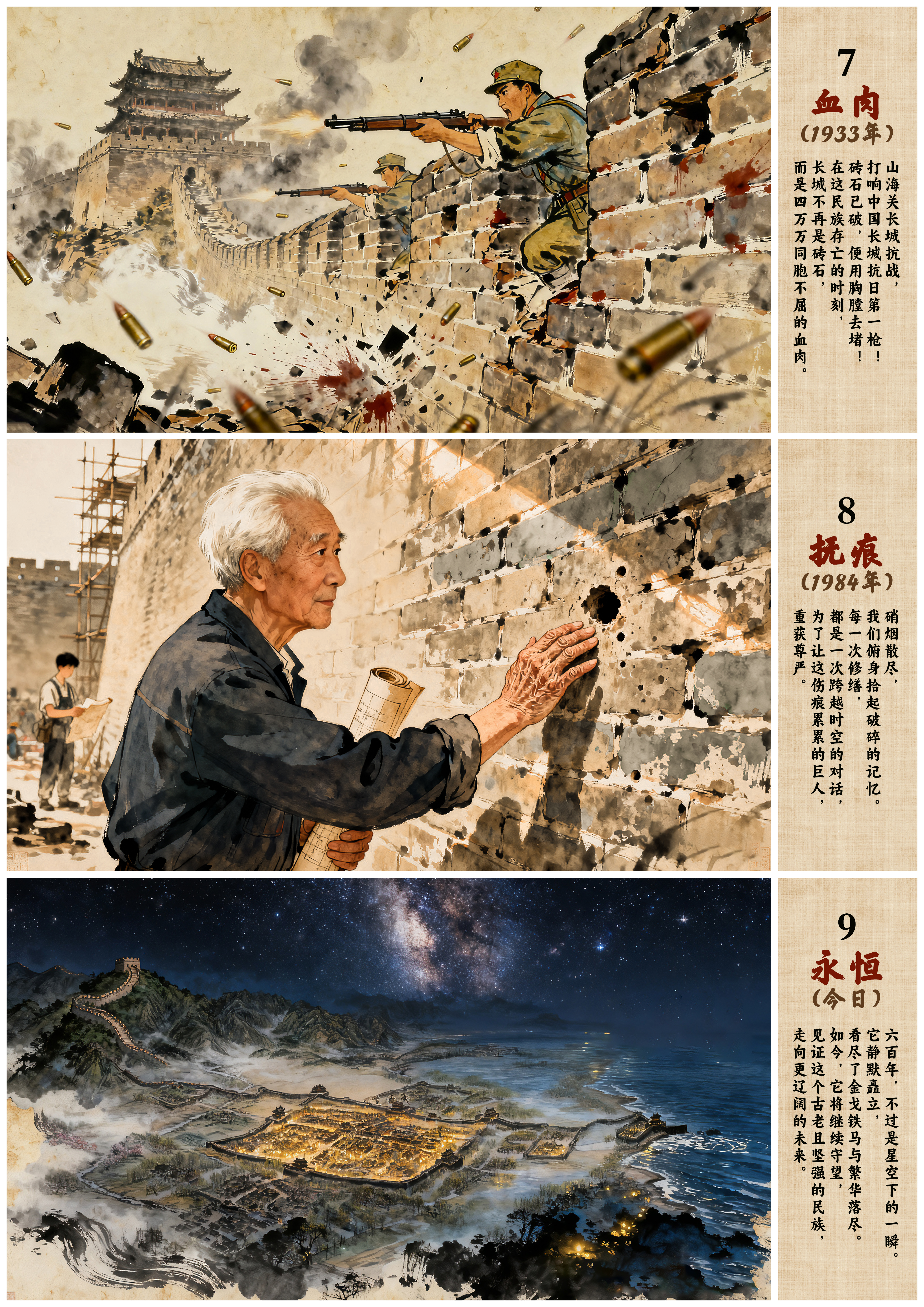 《山海长歌：图说雄关六百年》第7至9页完整展示，描绘血肉、抗痕和永恒