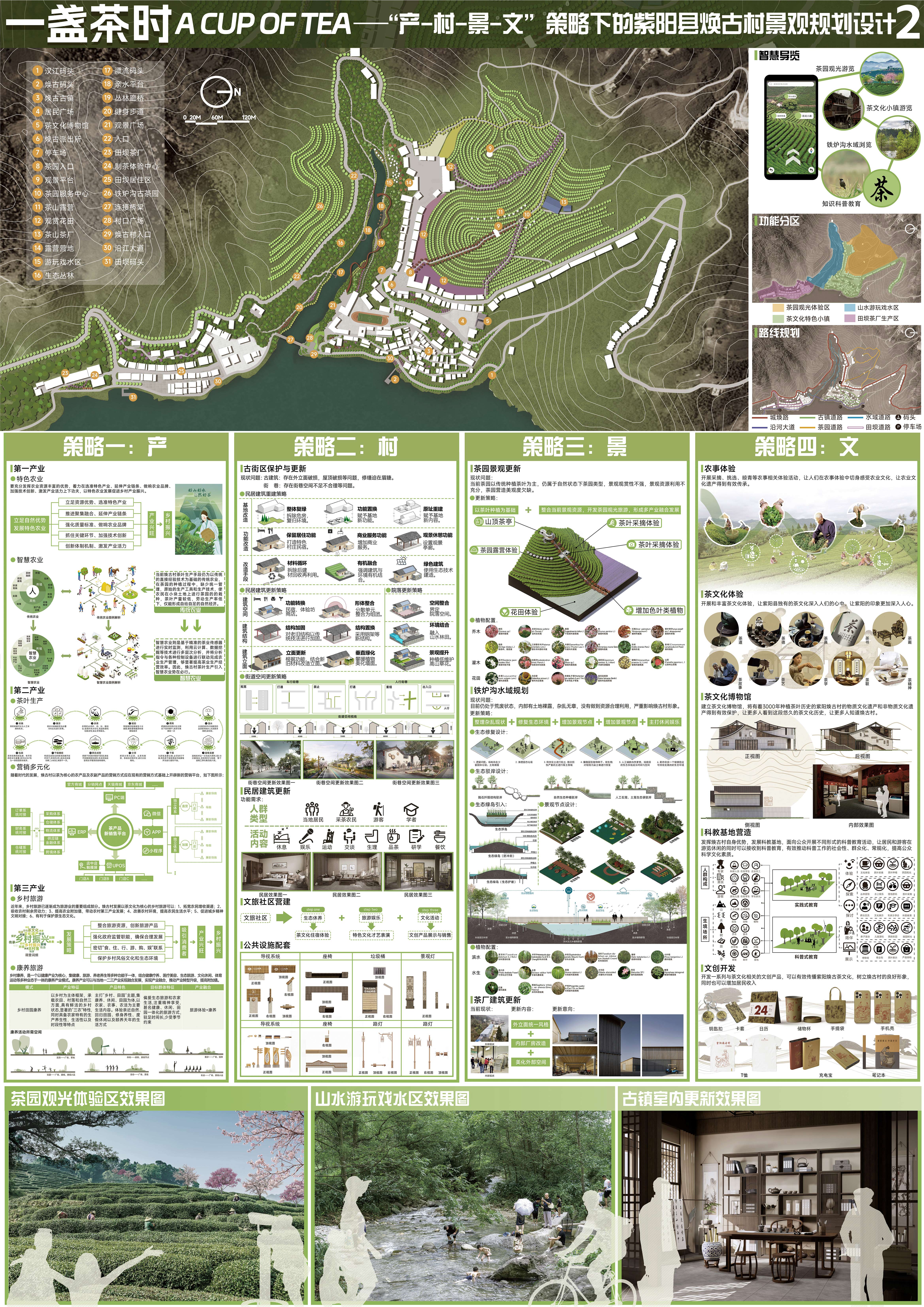 《一盏茶时》第二张完整竞赛展板，展示总体规划、功能分区、路线系统及产村景文策略